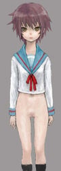 bottomless female female_only hazel_eyes human nagato_yuki pointy_chin pon pussy school_uniform serafuku shaved_pussy short_hair solo suzumiya_haruhi_no_yuuutsu thigh_gap thighs uncensored yellow_eyes