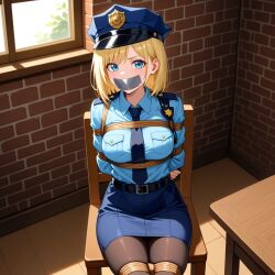 ai_generated arms_tied_behind_back blonde_hair blue_eyes blush bondage gag gagged looking_at_viewer police_hat police_uniform policewoman rope_bondage sitting_on_chair tape_gag thighhighs
