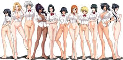 11girls 6+girls ass barefoot black_hair bleach blonde_hair blue_eyes blush bottomless bow bracelet braid breast_suppress breasts cleavage crossed_arms dark-skinned_female dark_skin everyone female female_only full_body glasses group hair_ribbon hand_on_hip hips inoue_orihime ise_nanao jewelry kagami kotetsu_isane kotetsu_kiyone kuchiki_rukia kukaku_shiba kurotsuchi_nemu lineup long_hair looking_back matsumoto_rangiku multiple_girls navel no_panties open_mouth orange_hair pussy ribbon school_uniform serafuku shihouin_yoruichi silver_hair single_braid soifon take_your_pick tied_hair twintails uncensored unohana_retsu wink yellow_eyes