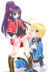 2boys :t bad_hands blonde_hair blush boots brown_eyes cheek_poke clothing crossdressing femboy fujisaki_nadeshiko fujisaki_nagihiko gay hotori_tadase human human_only long_hair multiple_boys multiple_males panties penis penis_in_panties poking ponytail purple_hair ribbon shugo_chara shugo_chara! side-tie_panties tears tied_hair underwear yaoi yellow_eyes