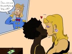 1boy 2girls bisexual_female blonde_female blonde_hair blue_eyes cheating cheating_wife dark-skinned_female dark_hair dark_skin earrings female freckles freckles_on_face freckles_on_shoulders girls_kissing interracial kissing lipstick male netorare ntr original original_character phone phone_ringing undressing wedding_ring yellow_bra yuri