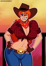 1girls 2025 artist_name ass atomickingboo bandana belt big_ass big_breasts blue_jeans breasts clothed clothed_female clothing cowboy_hat cowgirl cowgirl_outfit crop_top english english_text female female_focus female_only fence freckles freckles_on_breasts freckles_on_chest freckles_on_face fully_clothed fully_clothed_female ginger ginger_hair jeans light-skinned_female light_skin midriff oc orange_hair orange_hair_female original original_character rudy_roundup solo solo_female solo_focus text the_besties_(atomickingboo) thick_thighs thighs