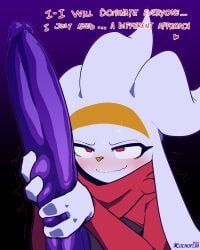 2025 absurd_res anthro blush bodily_fluids cuchuflin dialogue dildo english_text femboy fur generation_8_pokemon heart_symbol hi_res huge_dildo male nintendo pokemon pokemon_(species) raboot sex_toy solo sweat sweatdrop text white_body white_fur
