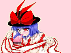 censored chishu fellatio iku_nagae licking oral penis penis_wrap purple_hair ribbon ribbons short_hair solo touhou