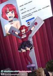 1girls arima_kana blush bondage breasts collar english_text female for_sale idol kidnapped light-skinned_female light_skin mouth_gag multiple_boys oshi_no_ko red_hair restrained short_hair skirt taped_mouth text the_dark_mangaka thighhighs