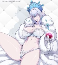 ass_visible_through_thighs bangs belly belly_button big_breasts bra busty busty_female cameltoe champagne curvy curvy_figure fur_coat genshin_impact juicy_lips legs light_purple_hair long_ears midriff nofuture panties pose purple_lipstick thick_thighs tiara tsaritsa_(genshin_impact) white_fur_coat wide_hips