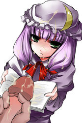 atoshi book cum ejaculation female hat human long_hair male patchouli_knowledge penis purple_hair ribbon ribbons straight touhou uncensored white_background