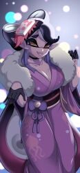 1girls black_gloves bow breasts callie_(splatoon) choker cleavage collar earrings female fur gloves kimono long_hair looking_at_viewer smile splatoon stevechopz yellow_eyes