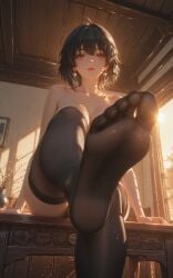 ai_generated black black_hair black_stockings feet feet_up naked neuschwanstein rover_(wuthering_waves) shy soles toes wuthering_waves yellow_eyes