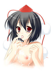 beige_skin black_hair breasts color cum cum_in_mouth cum_on_body cum_on_breasts cum_on_upper_body cum_string female female_only front_view hair hat kamiya_tomoe nipples nude open_eyes open_mouth red_eyes shameimaru_aya short_hair solo tongue touhou