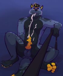 absurd_res anthro balls bodily_fluids cum ejaculation feet felid first_person_view genital_fluids genitals hand_on_knee hand_on_leg hi_res hindpaw holding_leash holding_object knot leash looking_pleasured looking_up male mammal markings masturbation nude pantherine pawpads paws penis simple_background sitting smile snow_leopard solo solo_focus spots spotted_body tracho yellow_eyes yellow_pawpads yellow_penis