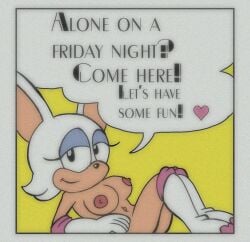 2d alone_on_a_friday_night_(meme) bat breasts comic_panel dialogue female heart_symbol meme meme_reference mobian mobian_(species) mobian_bat nude nude_female rouge_the_bat seductive_look sega sonic_(series) sonic_adventure_2 sonic_the_hedgehog_(series) yellow_background