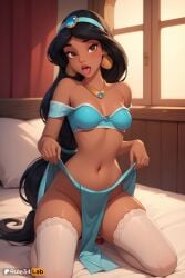 1girls ai_generated aladdin aladdin_(1992_disney_film) artist_name bare_shoulders bed black_hair blue_hairband blue_shirt blue_skirt blush breasts brown_eyes clothes_lift collarbone crop_top curtains dark-skinned_female dark_skin earrings female full_body groin hairband hi_res indoors jewelry kneeling lace-trimmed_legwear lifted_by_self loincloth long_hair looking_at_viewer low-tied_long_hair medium_breasts midriff multi-tied_hair navel necklace no_panties off-shoulder_shirt off_shoulder on_bed open_mouth patreon_username pelvic_curtain pillow princess_jasmine rule34lab skirt solo stomach strapless thighhighs thighs tongue tongue_out upper_teeth_only very_long_hair white_thighhighs window