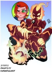 aged_up alien ben_10 ben_10_omniverse busty_female cartoon_network darkfang100 dominant_female drowning_in_cum female fire freckles gwen_10 gwen_tennyson heatblast holding_legs lava mature_female orgasm sitting_on_person squatting_position squirting