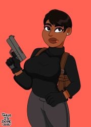 1girls archer_(series) big_breasts black_turtleneck brown_hair brown_skin brown_skinned_female dopeisnukat female fx_networks gun holding_gun indian indian_female mole_under_eye sfw spy zara_khan