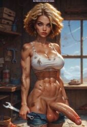 abs ai_generated big_balls big_breasts big_cock big_futa big_penis blonde_futa blonde_hair blue_eyes dickgirl dickgirl_only dirt dirty earrings exposed_penis futa_focus futa_only futanari jean_shorts jeans mechanic motor_oil muscles muscular_arms muscular_futanari nayvenn oil self_upload stable_diffusion tank_top tanktop toned toned_arms toned_belly toned_body toned_futa toned_legs toned_stomach tool tool_wall tools veins veins_on_cock veins_on_dick veiny_penis workshop wrench