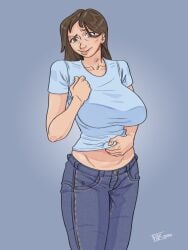 1girls 2d 2d_(artwork) big_breasts breasts brown_hair brown_hair digital_drawing_(artwork) fanart female female_focus female_only jeans jenny_(summertime_saga) light-skinned_female light_skin pinker shirt simple_background summertime_saga tank_top teenage_girl teenager