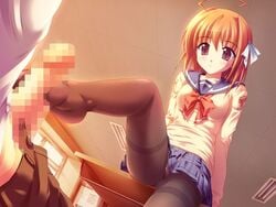 blush censored desk feet footjob footjob_with_legwear game_cg jpeg_artifacts kakizaki_mashiro mashiro_botan mashirobotan_shokai_han panties panties_under_pantyhose pantyhose pantyshot penis school_uniform serafuku underwear upskirt