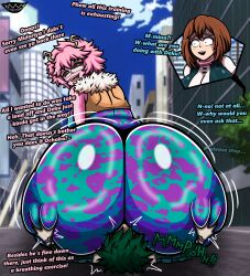 1boy 2girls ass ass_body ass_focus big_ass caveman147 comic cuckquean dialogue excessive_ass_flesh facesitting fat_ass hero_outfit_(mha) huge_ass izuku_midoriya jealous_female mina_ashido my_hero_academia ochako_uraraka sweaty_ass teasing teenager text