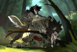 animal_genitalia animal_penis anthro balls beard big_penis black_hair blizzard_entertainment bodily_fluids braided_beard branch canid canine canine_genitalia canine_penis canis cum cum_drip cum_in_ass cum_inside cum_while_penetrated dripping drmax drooling duo facial_hair fangs forest fur genital_fluids genitals grey_body grey_fur hair hair_grab hi_res kayde_(kaydewolf) knot larger_penetrated male male/male mammal nature penetration penis plant red_penis saliva size_difference small_dom_big_sub small_top_big_bottom tail tail_grab tail_pull teeth tooth_ring touching_hair tree warcraft werecanid werecreature wolf worgen