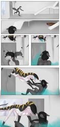 2018 animal_genitalia anthro biped black_body black_hair black_nose bodily_fluids border bql-426_(theeldertrinity) canid canine colored comic countershade_face countershade_fur countershade_neck countershade_tail countershade_torso countershading dipstick_tail drooling duo eyeless feral fog forefox fox fur gender_transformation genitals gloves_(marking) grey_body grey_fur hair hi_res inside leg_markings lizard looking_around looking_at_another male mammal markings mtf_transformation nude pounce quadruped question_mark reptile saliva scalie shaded sheath sitting sitting_on_ground socks_(marking) spread_legs spreading standing tail tail_markings teeth theeldertrinity transformation white_border window yellow_markings