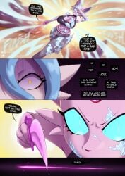 2girls angry_expression big_breasts blue_eyes cat_ears cat_tail comic dialogue dialogue_bubble eeveelution english english_text espeon fear female fight forehead_jewel gammainks gardevoir generation_2_pokemon generation_3_pokemon hi_res mandy_(gammainks) mega_gardevoir nintendo no_sex piercing pokemon pokemon_(species) shiny_gardevoir sword tail_piercing vanessa_(gammainks) yellow_eyes