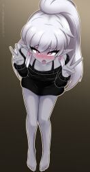ahe_gao ahegao_face blush blushing_at_viewer blushing_female bra_strap busujimabibi clothed drow earrings elf elf_ears elf_female elf_girl exposed_shoulders fangs grey_body grey_skin indie_virtual_youtuber indie_vtuber jewelry looking_at_viewer nioartist no_pants peace_sign pointed_ears pointy_ears ponytail purple_eyes saliva sitting small_breasts tongue tongue_out virtual_youtuber vtuber vtuberfanart white_hair