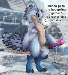 absurd_res animal_genitalia animal_penis anthro artist_name ass blue_body blue_fur blue_scales bodily_fluids capcom claws cum digital_media_(artwork) dragon english_text equine_genitalia equine_penis eyeshadow fanged_wyvern flat_chested fur genital_fluids genitals hair hi_res makeup male mammal masturbation monster_hunter multicolored_body mythological_creature mythological_scalie mythology nude penile penis reptile scales scalie shaded short short_stack signature simple_background slit_(disambiguation) smolreapy solo tail text thick_thighs tobi-kadachi tongue tongue_flick two_tone_body