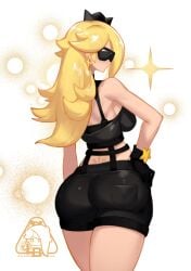 1girls ass black_crown black_gloves black_shorts blonde_hair breasts crown earrings female gloves large_ass little_blood long_hair mario_(series) princess_rosalina shades shorts simple_background