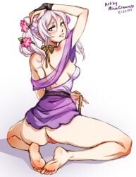 artist_name ass bare_shoulders barefoot blush breasts brown_eyes dated female fire_emblem fire_emblem_awakening fire_emblem_heroes flower from_behind grey_hair hair_flower hair_ornament looking_at_viewer medium_breasts mina_cream official_alternate_costume pink_flower pussy robin_(fire_emblem) robin_(fire_emblem)_(female) simple_background sitting smile solo teeth twintails uncensored valentine variant_set