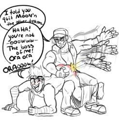 2boys ass english_text fatal_fury joe_higashi king_of_fighters male male_only monochrome slap slap_mark slapping_butt snk terry_bogard text thevoidleaper video_games