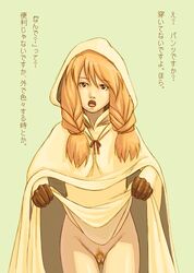 brown_eyes brown_hair censored dress dress_lift female final_fantasy final_fantasy_tactics final_fantasy_tactics_(original) hood momigara_(mmario_grantrkmnk) nawashiro no_panties pubic_hair pussy robe solo translated white_mage white_mage_(fft)