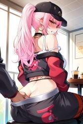 ai_generated angry angry_expression blush blushing embarrassed embarrassed_female fishnet_bra hand_inside_pants hololive hololive_english hololive_myth light-skinned_female looking_back mori_calliope pink_hair ponytail public_humiliation public_indecency sexual_harassment touching_ass touching_butt virtual_youtuber vtuber