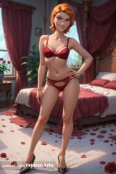 1girls ai_generated artist_name bed bedroom ben_10 ben_10_(classic) black_footwear bra breasts cartoon_network collarbone curtains earrings female flower full_body green_eyes grin gwen_tennyson gwen_tennyson_(classic) hair_ornament hand_on_own_hip hi_res high_heels indoors jewelry lingerie looking_at_viewer medium_breasts navel orange_hair panties patreon_username petals pillow progenarts red_bra red_flower red_panties red_rose rose rose_petals short_hair smile solo standing underwear underwear_only warner_brothers window younger_female