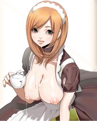 areolae breasts brown_hair choker cum cum_on_body cum_on_breasts cum_on_upper_body cum_string cumdrip green_eyes huge_nipples ink0717 inkey large_areolae long_hair maid milk nipples open_clothes open_shirt original puffy_nipples shirt topless