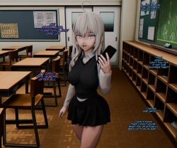 1girls 3d alisa_mikhailovna_kujou blue_eyes button_down_shirt caption cellphone classroom dialogue female kneehighs large_breasts long_hair looking_at_viewer netorare ntr school school_uniform schoolgirl short_skirt sic_phuck silver_hair skirt tokidoki_bosotto_russian_de_dereru_tonari_no_alya-san