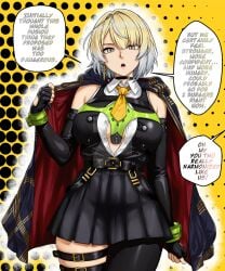 1girl anby_demara blonde_hair clothed coat earrings evelyn_chevalier exposed_breasts exposed_torso female female_only fingerless_gloves fusion fusion_character gloves grey_hair hoyoverse huge_breasts medium_hair skirt stockings suit tie two_tone_eyes two_tone_hair umbracallistis wide_hips zenless_zone_zero