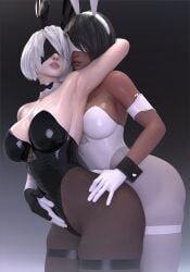 2girls 3d big_breasts black_hair blindfold breasts bunny_ears bunny_girl bunnysuit chocolate_and_vanilla cuffs cuffs_(clothing) dark-skinned_female dark_skin female female_only gloves interracial light-skin light-skinned_female nier:_automata pantyhose popogori short_hair thick_thighs white_hair wide_hips wrist_cuffs yorha_2b yorha_2p yuri