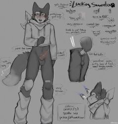absurd_res animal_genitalia animal_penis anthro anus ass assisted_exposure backsack balls band-aid band-aid_on_face band-aid_on_leg bandage bandage_on_face black_body black_fur blush bodily_fluids bracelet breath bulge canid canine canine_genitalia canine_penis canis cerberussenn character_bio clothing cropped_hoodie dipstick_tail encouragement english_text flustered fur genital_fluids genitals heart_symbol hi_res in_denial jewelry kerchief knee_pads knot leg_warmers legwear lucky_sweeto_(cerberussenn) male mammal markings medallion midriff mole_(marking) narrowed_eyes neckerchief neckwear nervous penis pie_cut_eyes pleading_eyes precum pronouns shaking shy signature sketch_page slim_male smile solo stated_age stated_gender stated_height stated_penis_size stated_sexuality submissive tail tail_grab tail_markings tail_motion tailwag technology text throbbing throbbing_penis tongue tongue_out trembling v-line wolf