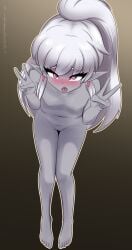 ahe_gao ahe_gao ahegao_face blush blushing_at_viewer blushing_female busujimabibi drow earrings elf elf_ears elf_female elf_girl fangs grey_body grey_skin indie_virtual_youtuber indie_vtuber jewelry looking_at_viewer naked naked_female nioartist nude nude_female peace_sign pointed_ears pointy_ears ponytail purple_eyes saliva sitting tongue tongue_out virtual_youtuber vtuber vtuberfanart white_hair