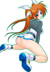 blue_eyes blush bottomless brown_hair kakogawa_tarou kneeling long_hair lyrical_nanoha mahou_shoujo_lyrical_nanoha mahou_shoujo_lyrical_nanoha_strikers takamachi_nanoha tied_hair twintails