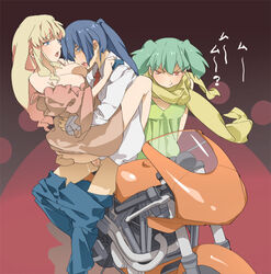 blue_eyes blue_hair breasts clothed_sex clothing green_hair jealous large_breasts macross macross_frontier motor_vehicle motorcycle neemui penis ponytail ranka_lee red_eyes saotome_alto sex sheryl_nome tied_hair vehicle