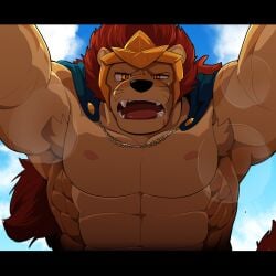 1:1 1boy 2020s 2024 bara fur furry furry_male furry_only laval_(legends_of_chima) legends_of_chima lego lion male male_only mouth_open muscular nipples orangetaming pov steam steaming_body submissive_pov sweat tagme