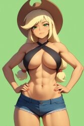1girls abs ai_generated applejack_(eg) applejack_(mlp) big_breasts bocas_top breasts cleavage cowboy_hat denim_shorts equestria_girls female female_only freckles friendship_is_magic green_background hands_on_hips hasbro looking_at_viewer my_little_pony nai_diffusion nail_polish navel novelai shorts simple_background solo_female solo_focus stable_diffusion stetson toned toned_female