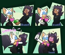 ! 1boy 1girls 2d 2d_(artwork) ? anthro applying_lipstick applying_makeup arms_around_partner armwear bat_ears bat_tail bat_wings black_hair blue_eyes blue_eyeshadow breasts cat_ears chaos_emerald comic dark-skinned_male dark_skin digital_media_(artwork) eyelashes eyeshadow female femboy feminine_male gift happy happy_female hips hips_wider_than_shoulders hourglass_figure hourglass_figured_female hourglass_figured_male in_love jeans kiss_mark kissing lips male medium_breasts mk210 mobian mobian_(species) mobian_bat mwah phone pink_lips pink_lipstick pink_lipstick_mark red_eyes reward rouge_the_bat sega selfie smile smiling smooch sonic_(series) sonic_adventure_2 sonic_the_hedgehog_(series) tail white_hair wide_hips