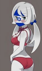 anime_style artstyle_imitation back_view blue_bow blushed_face bow_bra colored_skin countryhumans countryhumans_girl countryhumans_mrtie countryhumans_stategirls cyan_eyes hairbow israel israel_(countryhumans) low_pigtails neck_bow purple_bow red_bra red_cheeks red_panties shy_expression twintails white_hair white_skin