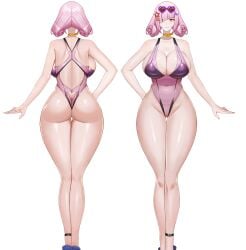 ascot back_view bangs breasts cleavage crotch floppy_breasts gurimjang heart_cutout heavy_breasts huge_ass huge_breasts kurameki_kyou kuramekira mature_female mole older_female one-piece_swimsuit one_eye_covered sideboob sunglasses swimsuit swimwear