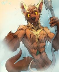 abs athletic athletic_male bathing brown_body brown_fur chest_tuft fur genitals gulonine hi_res jewelry laskerthefox looking_at_viewer male mammal marten mustelid musteline necklace nude_male pecs penis penis_base pine_marten shower_head shower_hose showering slim solo tuft wet whiskers yellow_sclera