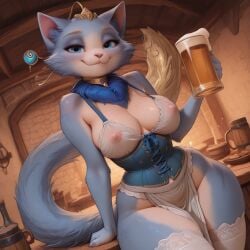 ai_generated anthro anthro_female beer big_breasts blue_eyes blue_fur cleavage corset dirndl feline feline furry furry_female loincloth maid pokies smile smile_at_viewer squiglydx tavern tavern_wench thick_thighs thighhighs voluptuous wide_hips yuumi_(lol)