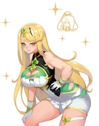 1girls blonde_hair blush breasts cleavage female gloves hand_on_hip large_breasts little_blood long_hair looking_at_viewer mythra simple_background thighs white_background white_gloves xenoblade_(series) xenoblade_chronicles_2 yellow_eyes